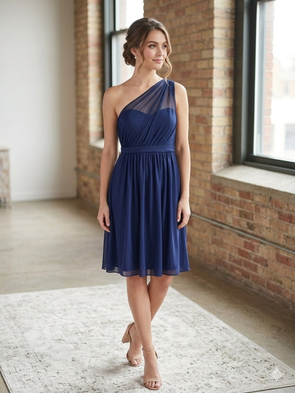 David's Bridal One-Shoulder Navy Chiffon Dress